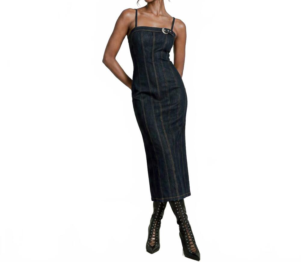NEW AVEC LES FILLES denim buckle midi dress in dark rinse